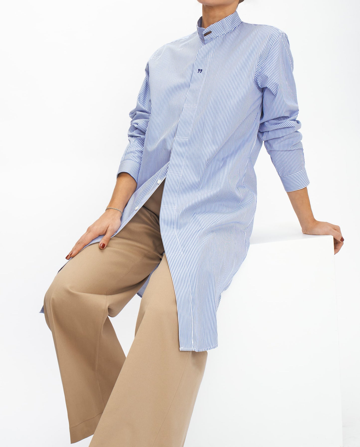 SEA BLUE STRIPED COTTON HAMPTONS LONG SHIRT